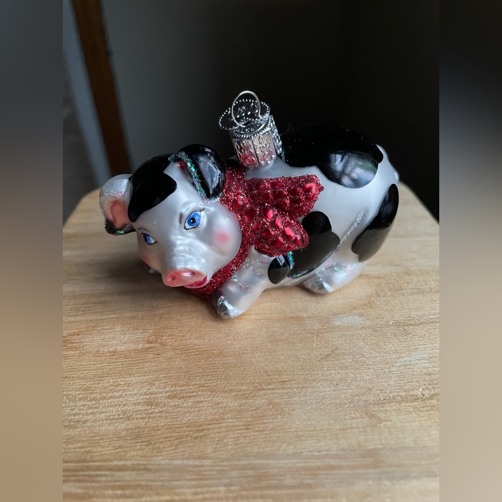Old World Christmas Black and White Pig Glass Ornament